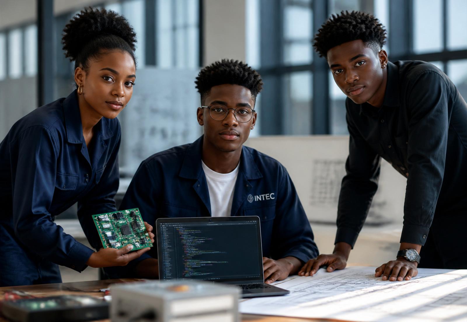 Três jovens do Ensino Técnico do CSCA — Informática, Electricidade e Construção Civil